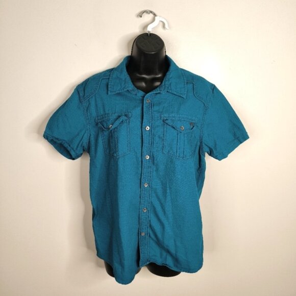 Guess USA Y2K 2000s Designer Urban Street Hip Hop Future Western Teal Shirt M - Picture 1 of 9